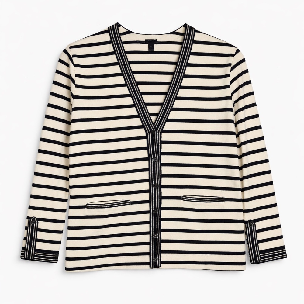 🖤🤍 J.Crew Navy & Ivory Striped Button-Front Cardigan Sweater | Medium - Picture 1 of 12